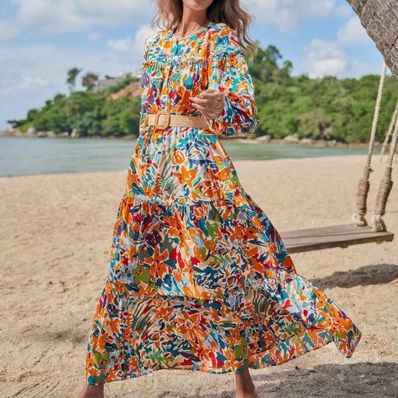 Multicolor Boho Womens Floral Print Lantern Sleeve Dress - Picture 4 of 5